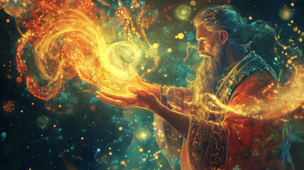 Fairy tale-style illustrations of wizards conjuring fiery dragons in enchanting and mystical settings