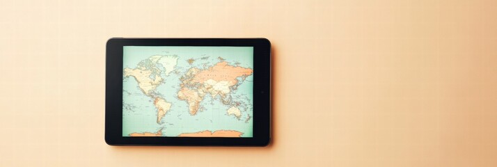 Modern flat lay showcasing a tablet displaying a detailed world map on a soft background with ample copy space for text. Generative AI