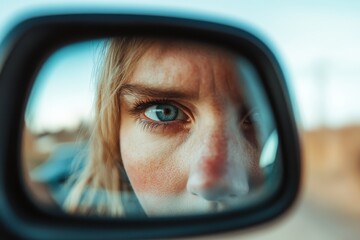Reflection captures a moment of contemplation and curiosity in a car's side mirror during a serene drive