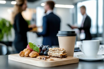Morning gathering with refreshments in a modern office setting featuring light snacks and beverages
