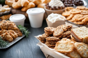 Delightful assortment of baked goods and snacks displayed on rustic wooden table for a festive gathering