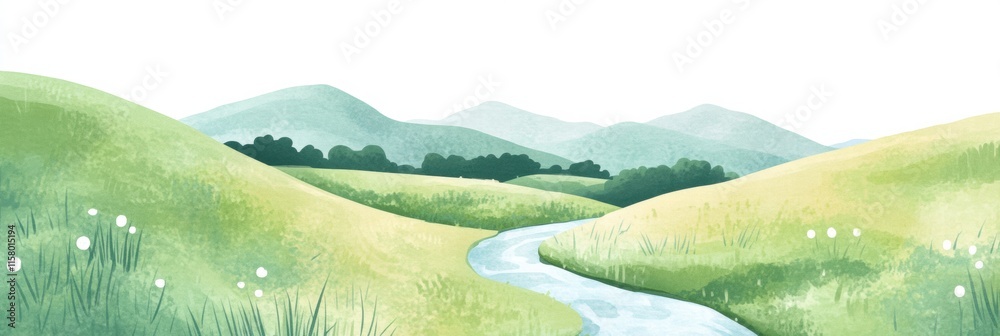 Fototapete serene landscape with gentle hills and flowing river suitable for text placement in a naive art styl