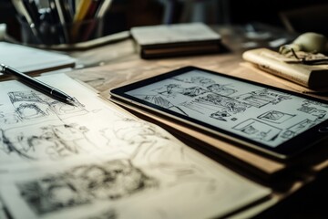 Digital and traditional sketches on a tablet and paper on a wooden desk.