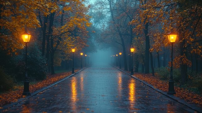 foggy street lamp in the autumn park 3d rendering an empty illuminated country asphalt road through the trees and village in a fog on a rainy autumn day ai generated