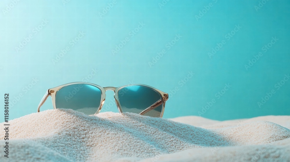 Poster stylish sunglasses resting on soft sand with a serene blue background, perfect for summer beach vibe
