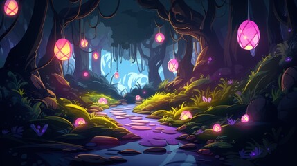 Enchanted Forest Stream Path Illuminated By Lanterns