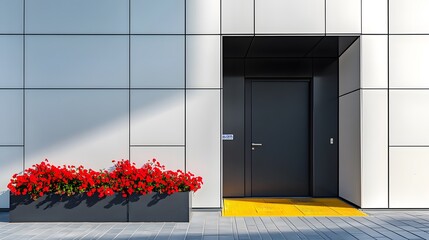 Contemporary building entrance featuring white walls, black metal door, and accessibility ramp with safety features, complemented by bright red flower pot and clear architectural elements.
