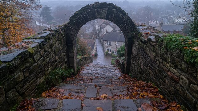 gateway at clitheroe castle looking down into the village