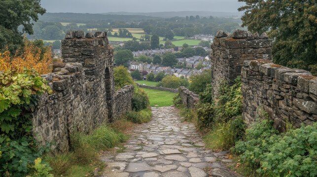 gateway at clitheroe castle looking down into the village