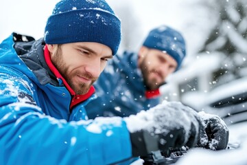Two men diligently clear snow from a car in a winter wonderland, focused on making their vehicle ready for the journey ahead