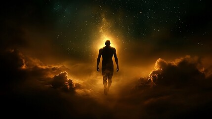 Silhouette of a man walking on clouds towards a celestial light.