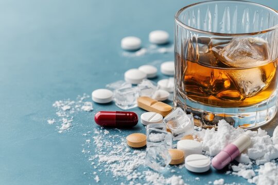 Exploring the dark intersection of alcohol and pharmaceuticals in a stark still life composition