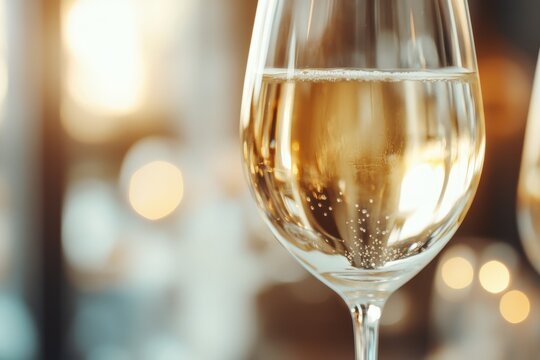 Sparkling white wine in an elegant glass glimmers in soft candlelight during an intimate evening gathering