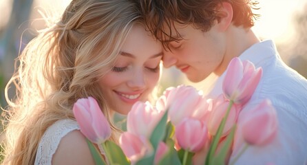 A couple embraces, surrounded by pink tulips in a warm, sunny setting.
