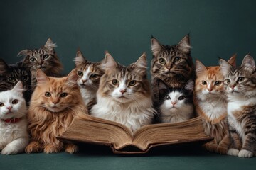 Cats gathered around an ancient book, creating a whimsical literary gathering in a charming indoor setting