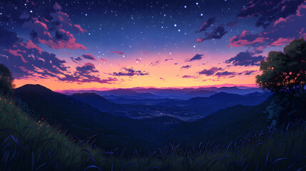 Naklejka premium a sprawling mountain valley glowing in the golden light of sunset, transitioning to a tranquil starlit night. Starlit. Illustration