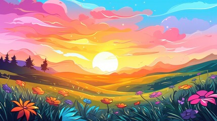 Vibrant Sunset Over Rolling Hills And Wildflowers