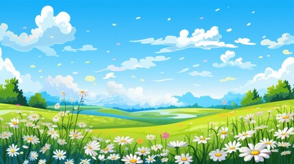 Obraz premium Idyllic Spring Meadow Landscape With Daisies And Mountains