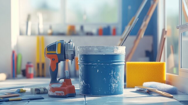 Paint can, cordless drill, and tools on floor during home renovation.