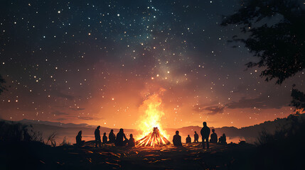 A glowing bonfire under a starlit sky, with silhouettes of people gathered around, community glowtime, warm and nostalgic. Starlit. Illustration