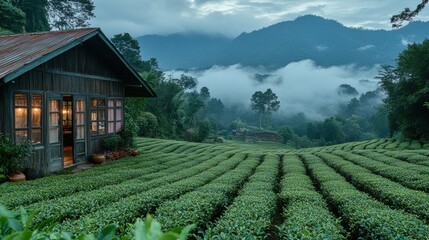 home town in tea fields with fog in the moring ban rak thai village mae hong son thailand