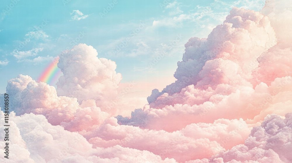 Aufkleber colorful naive art style background with fluffy clouds and soft rainbow appearing in a serene sky la
