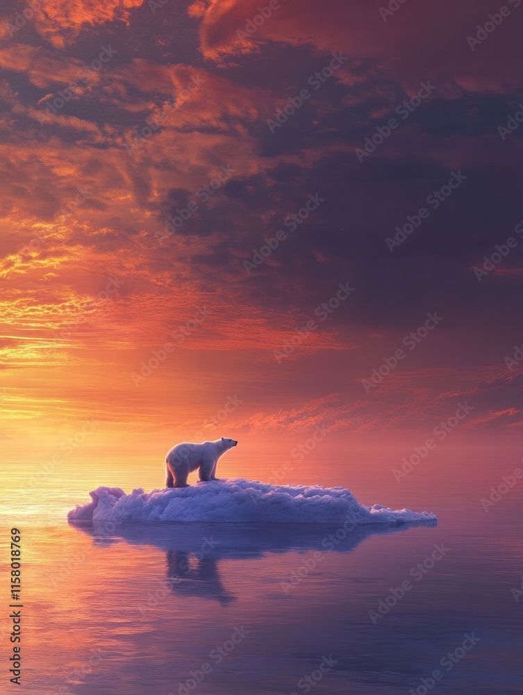 Poster lonely polar bear on a small melting ice floe at sunset over calm waters. generative ai