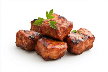 Delicious grilled meat cubes garnished with fresh herbs, perfect for appetizers or main dishes.