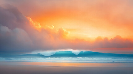 Obraz premium serene ocean wave at sunset, with vibrant colors and soft clouds.