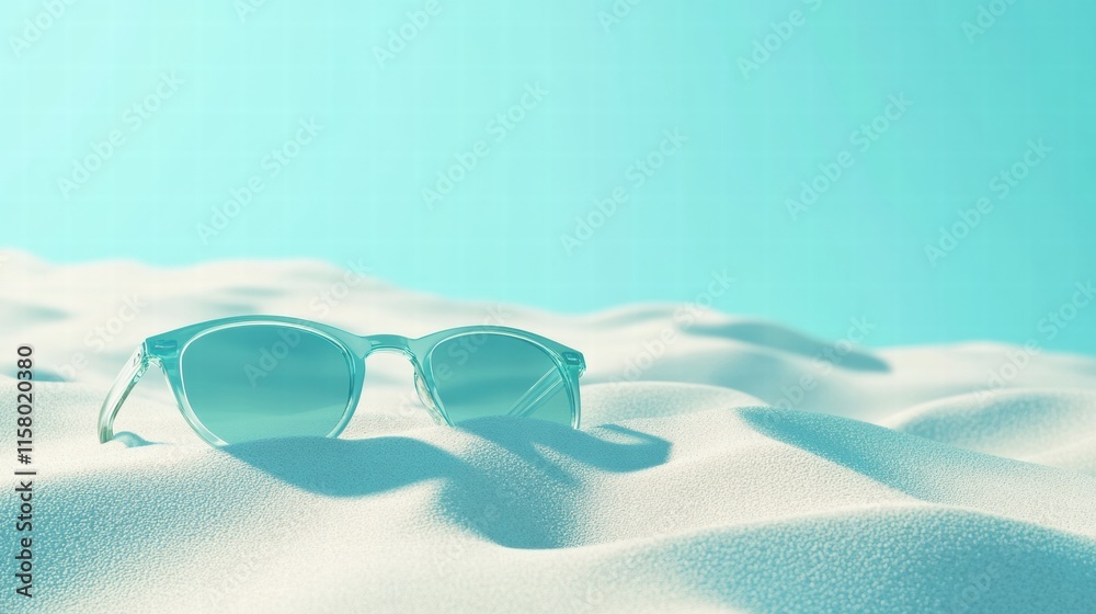 Poster relaxing beach setting featuring stylish sunglasses resting on soft sand with clear blue sky in the 