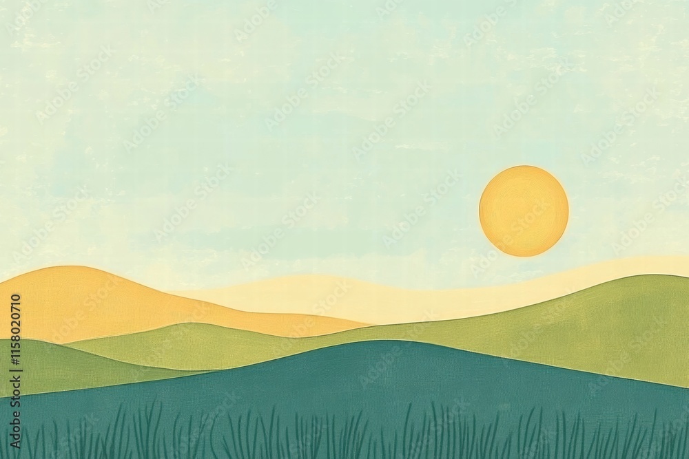 Fototapete bold sun setting over rolling hills with pastel colors creating a serene landscape backdrop for text