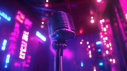 Retro microphone on stage with neon lights.
