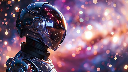 robotic figure with helmet-like head gazing into a star-filled universe evoking reflection and thought about the vastness and wonders of space exploration
