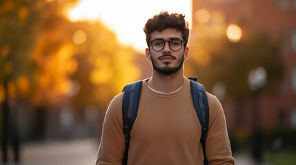 Fototapeta premium young man with glasses stands confidently in sunlit urban setting, surrounded by autumn foliage.