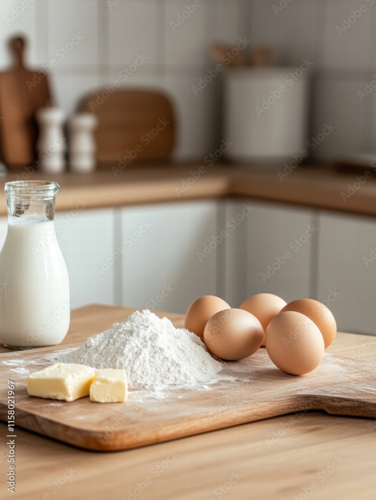 Poster ingredients for baking on a wooden countertop with copy space for text and a warm kitchen atmosphere
