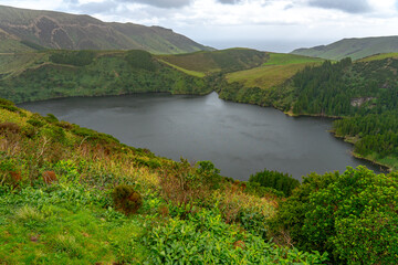 Fototapeta premium Lagoon on the island of flowers of the archipelago of the Azores.
