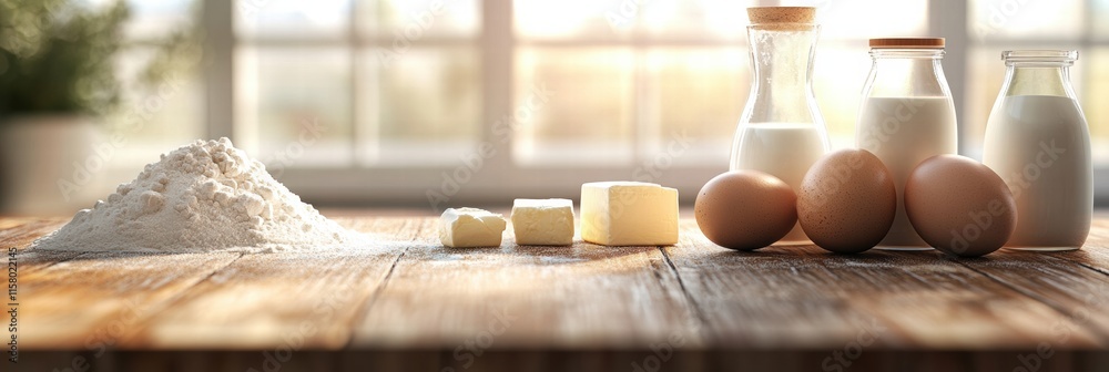 Poster ingredients for baking displayed on a wooden kitchen counter with sunlight streaming through the win