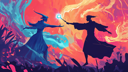 Vivid Flat Style Illustration of Two Wizards Battling with Fire and Ice in a Fantasy Duel