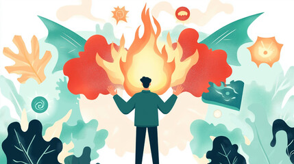 Flat Style Illustrations of Wizards Summoning Fire and Magic in Vibrant Abstract Designs