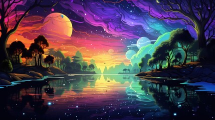 Colorful Fantasy Lake Scene With Trees and Planets