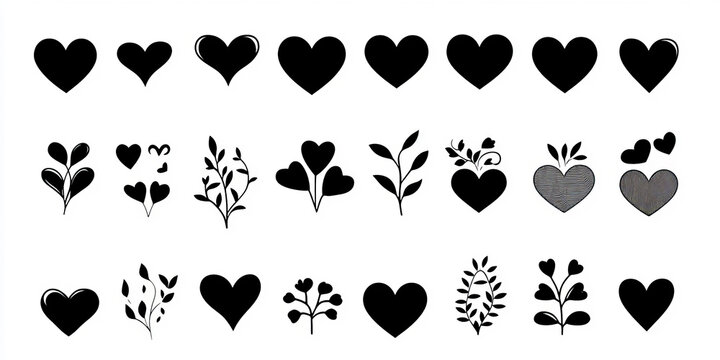 Forty minimalist black heart icons set against a crisp white background. The clean design is perfect for digital or print applications.