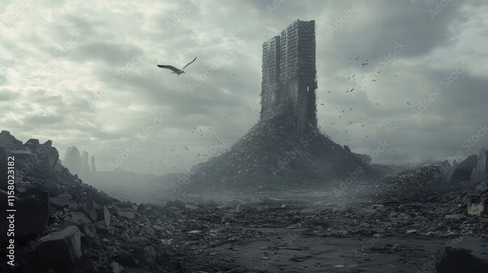 Poster Seagulls fly over a massive landfill with towering debris under a cloudy sky, providing room for text and design elements. Generative AI