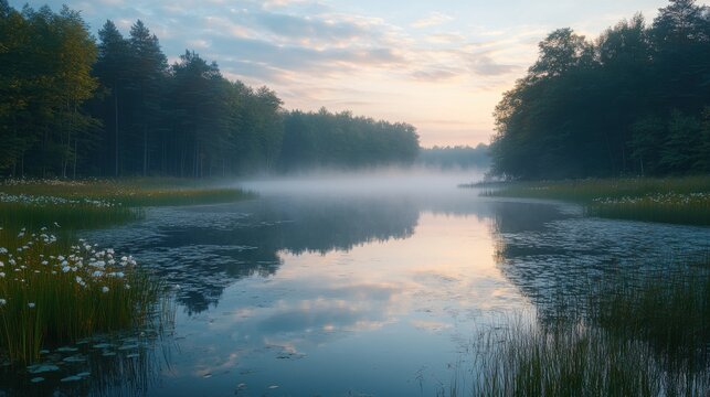 morning with fog on a small pond with overgrown banks zu awy region poland
