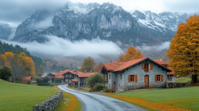 mountain of the village of bulnes with fog