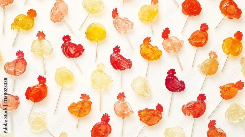 Poster vibrant rooster shaped lollipops arranged beautifully for a colorful candy display with copy space f