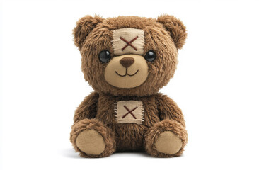 Obraz premium An adorable brown teddy bear adorned with small bandages sits with an innocent gaze, exuding charm and warmth. The stitched details add a playful, heartwarming touch.