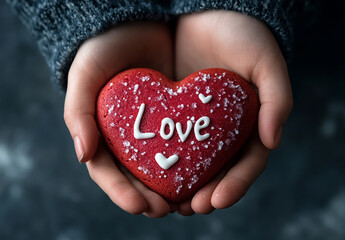 Obraz premium Two hands holding a broken, heart-shaped red cookie with the word 