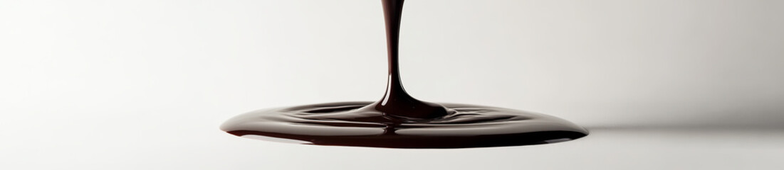 A luscious drizzle of chocolate sauce flowing gracefully, isolated against a pristine white background.