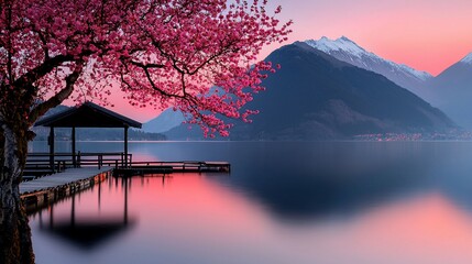 Serene sunrise over a lake with cherry blossoms, mountains, and a wooden dock.