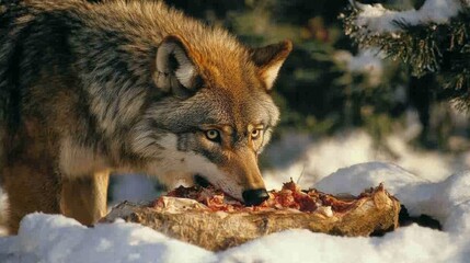Fototapeta premium Gray wolf eating on deer carcass during winter - ai